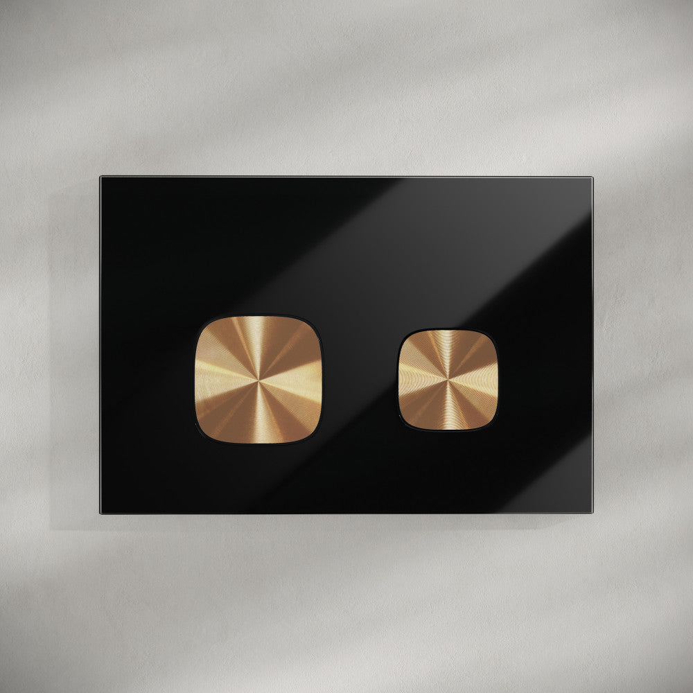 Verre Wall Mount Dual Flush Glass Actuator Plate in Glossy Black with Copper Flush Buttons