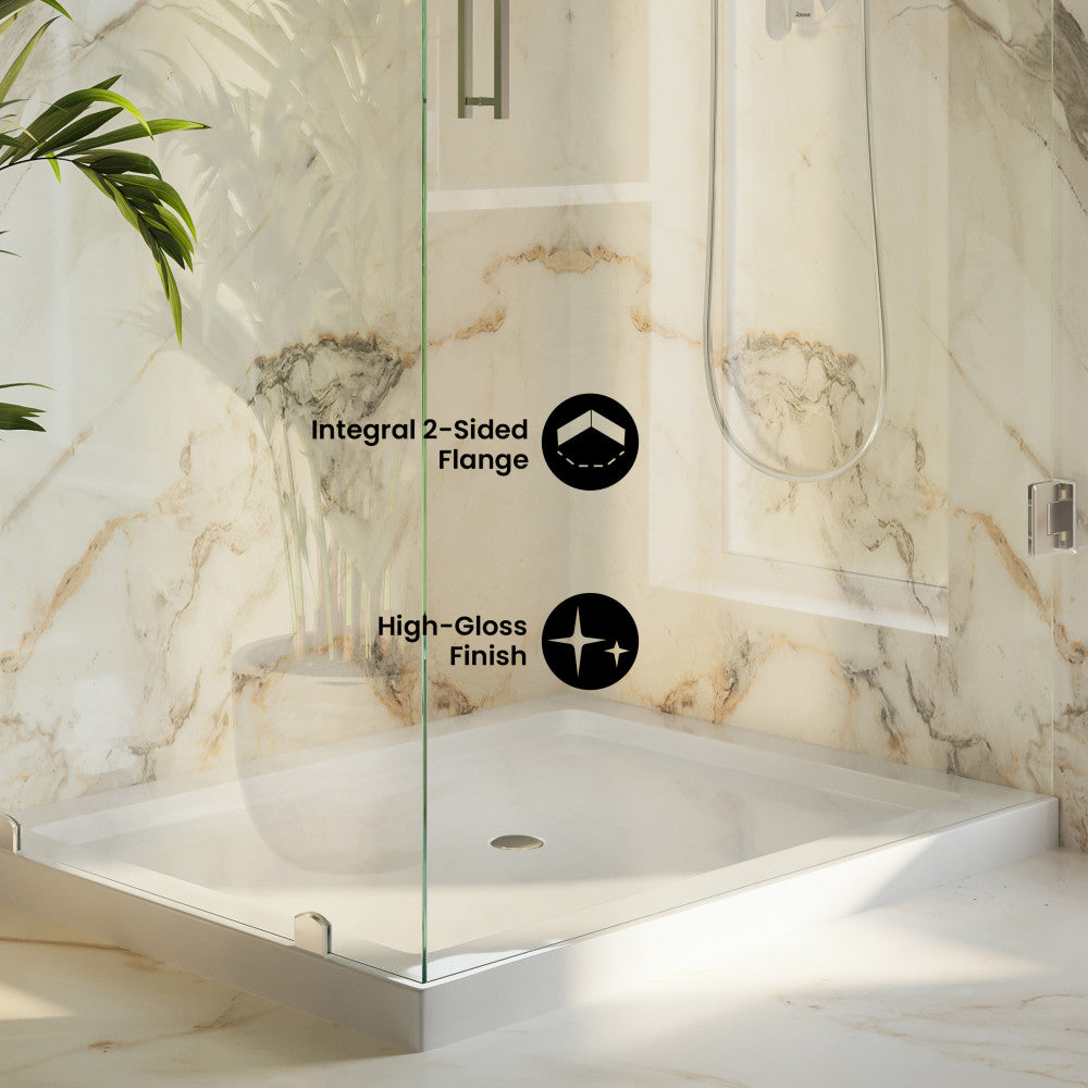 Voltaire 60" x 32" Double-Threshold Right Corner Shower Pan Base with Center Drain in Glossy White