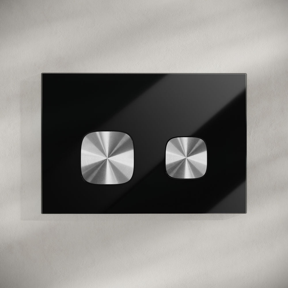 Verre Wall Mount Dual Flush Glass Actuator Plate in Glossy Black with Silver Flush Buttons