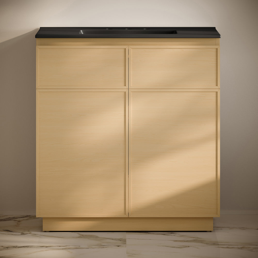 St. Tropez 36" Freestanding Bathroom Vanity in Natural Oak with Black 3-Hole Widespread Sink Top