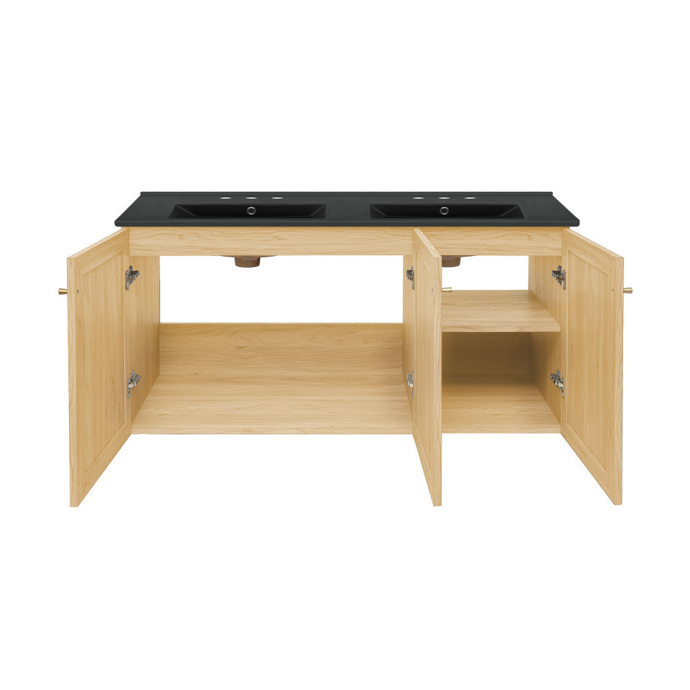 Classe 48" Wall-Mounted Bathroom Vanity in Natural Oak with Black 3-Hole Centerset Double Basin Sink Top