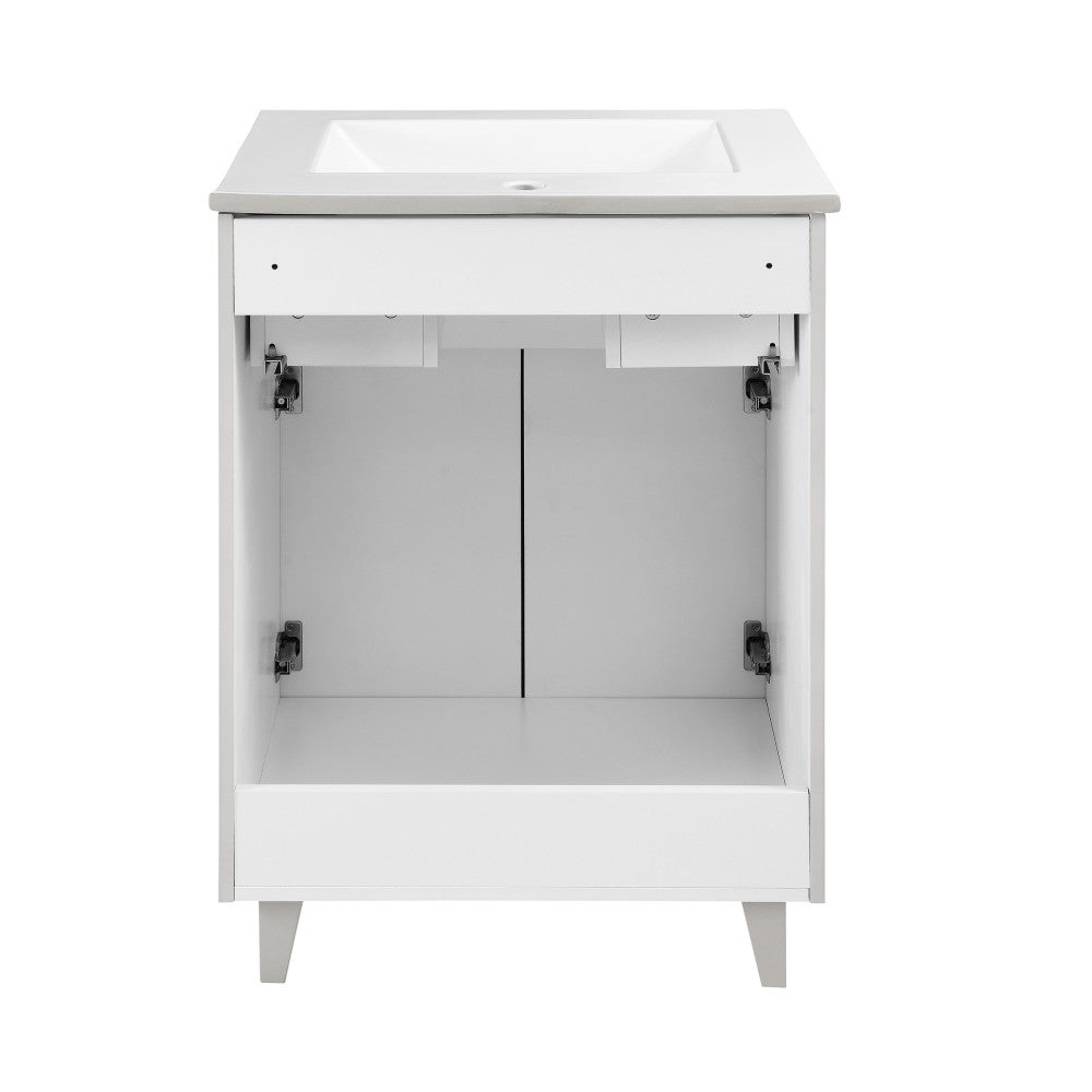 24-inch freestanding bathroom vanity in shell with single sink and soft-close doors.