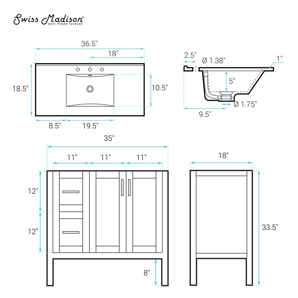 Forme 36" Modular Freestanding Bathroom Vanity with 3-Hole Widespread Top in Natural Oak