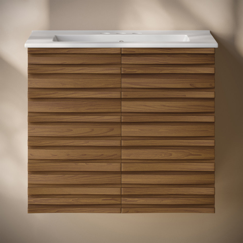 Cascade 24" Wall-Mounted Bathroom Vanity in Brown Oak with 3-Hole Centerset Sink Top