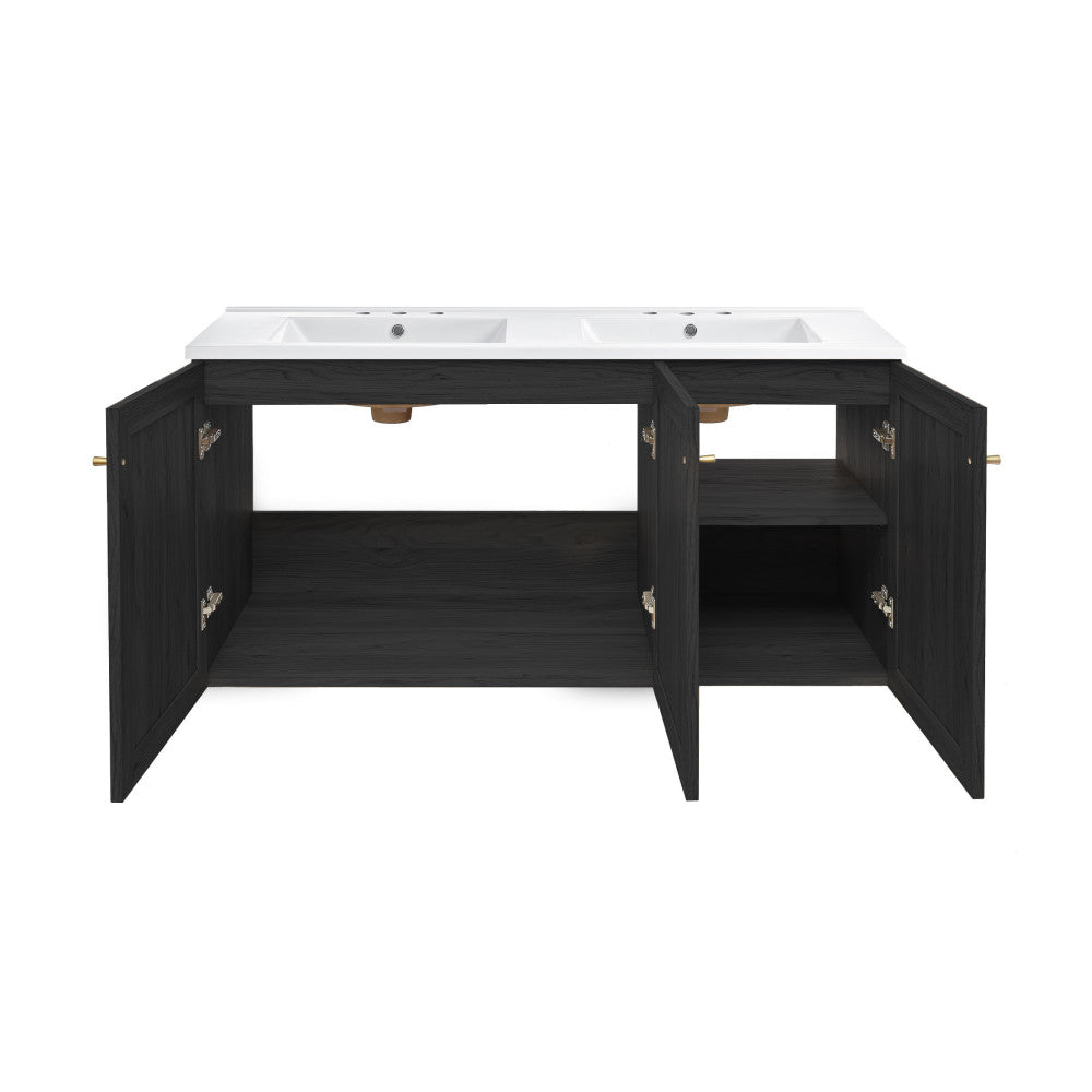 Classe 48" Wall-Mounted Bathroom Vanity in Black Oak with 3-Hole Centerset Double Basin Sink Top