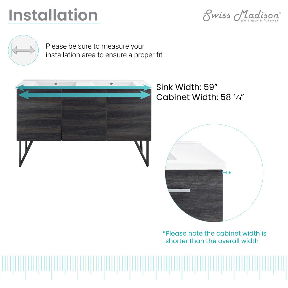 Annecy 60" Freestanding Bathroom Vanity in Black Walnut with Sink Top