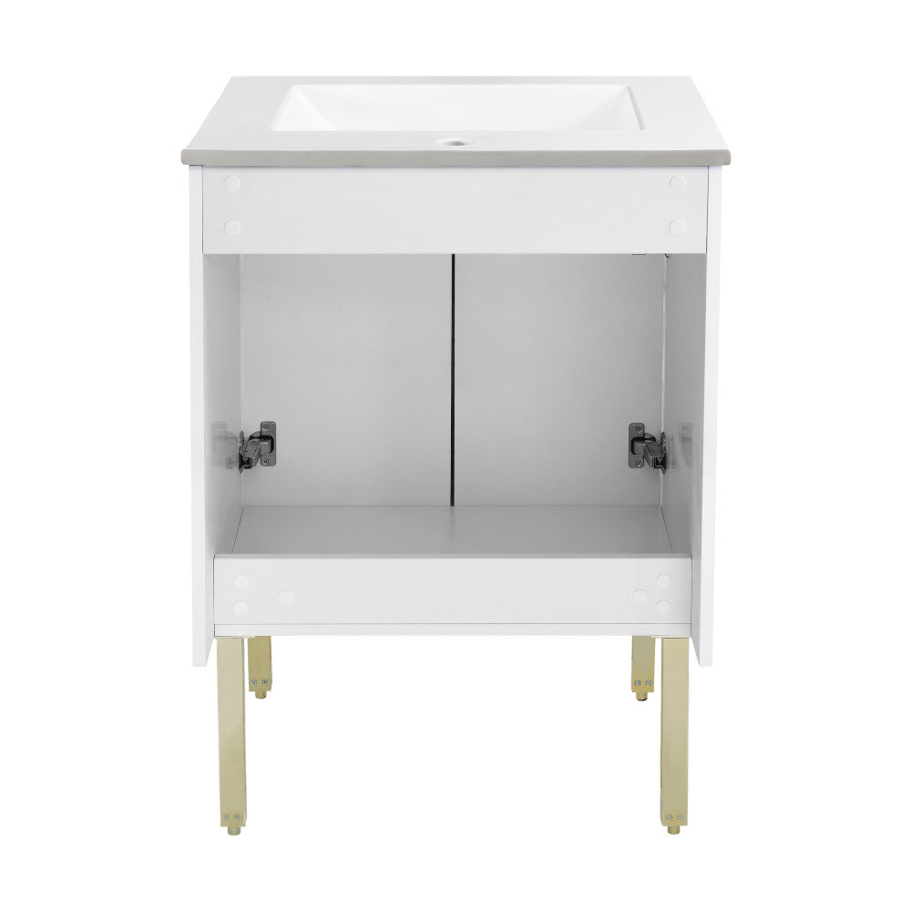24-inch freestanding white bathroom vanity with single sink and open cabinet base with gold legs.