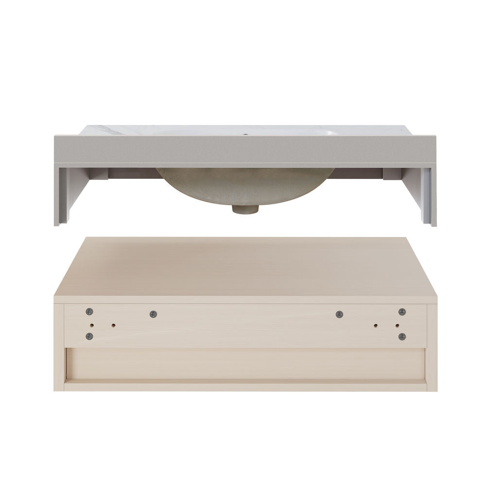 Avancer 36" Wall-Mounted Bathroom Vanity in White Oak with White Marble Sink Top