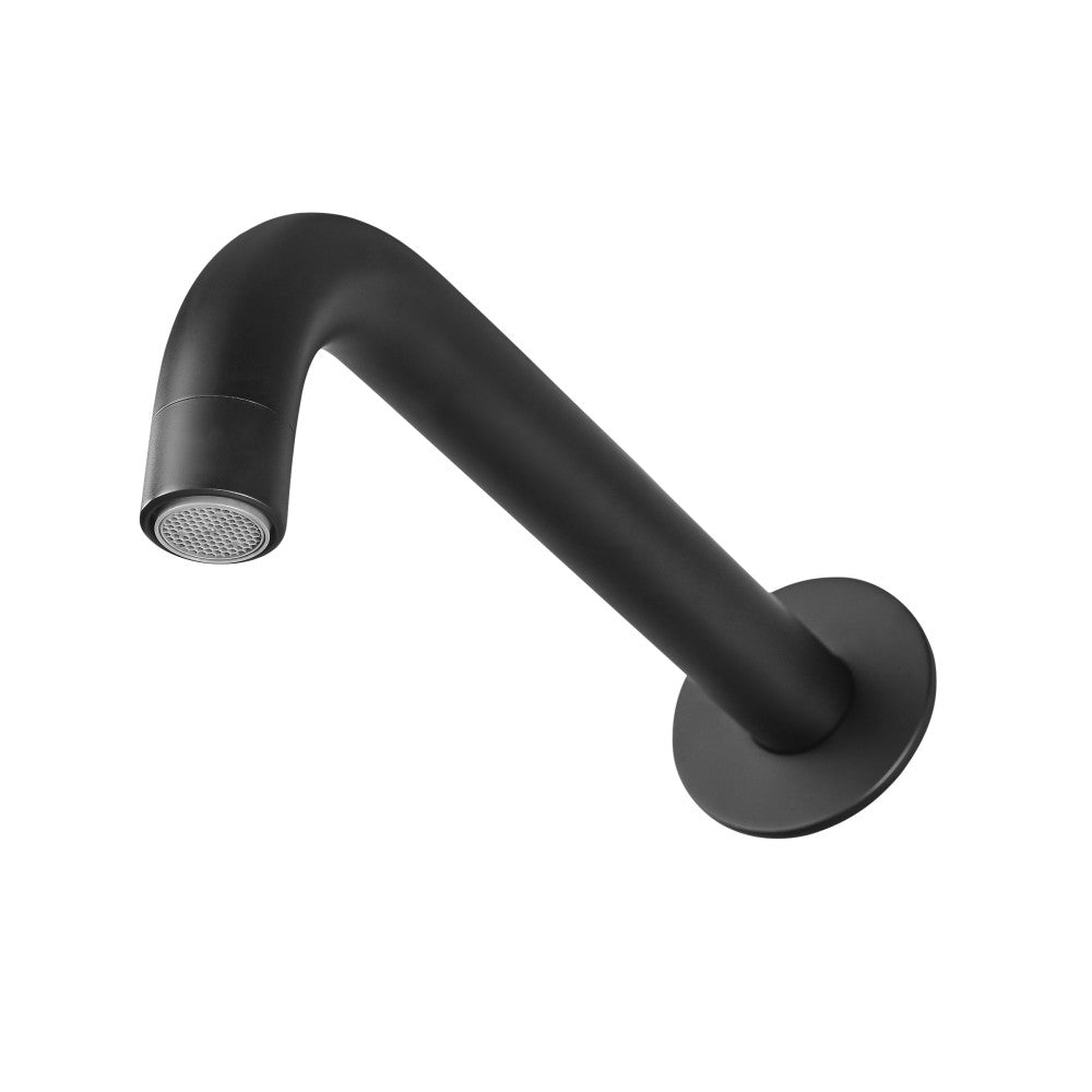 Wall-mount bathroom faucet in matte black, single-handle curved spout design.