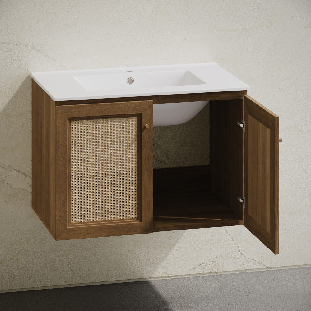 Classe 30" Wall-Mounted Bathroom Vanity in Brown Oak with Single Faucet Hole Vanity Top