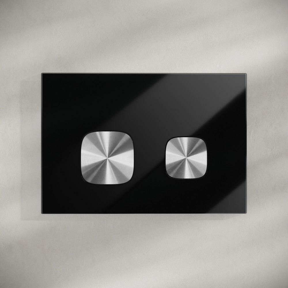 Verre Wall Mount Dual Flush Glass Actuator Plate in Glossy Black with Silver Flush Buttons