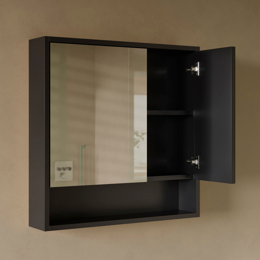 Delice 30 x 30 Rectangle Wall Mount Medicine Cabinet in Satin Black with Open Shelf