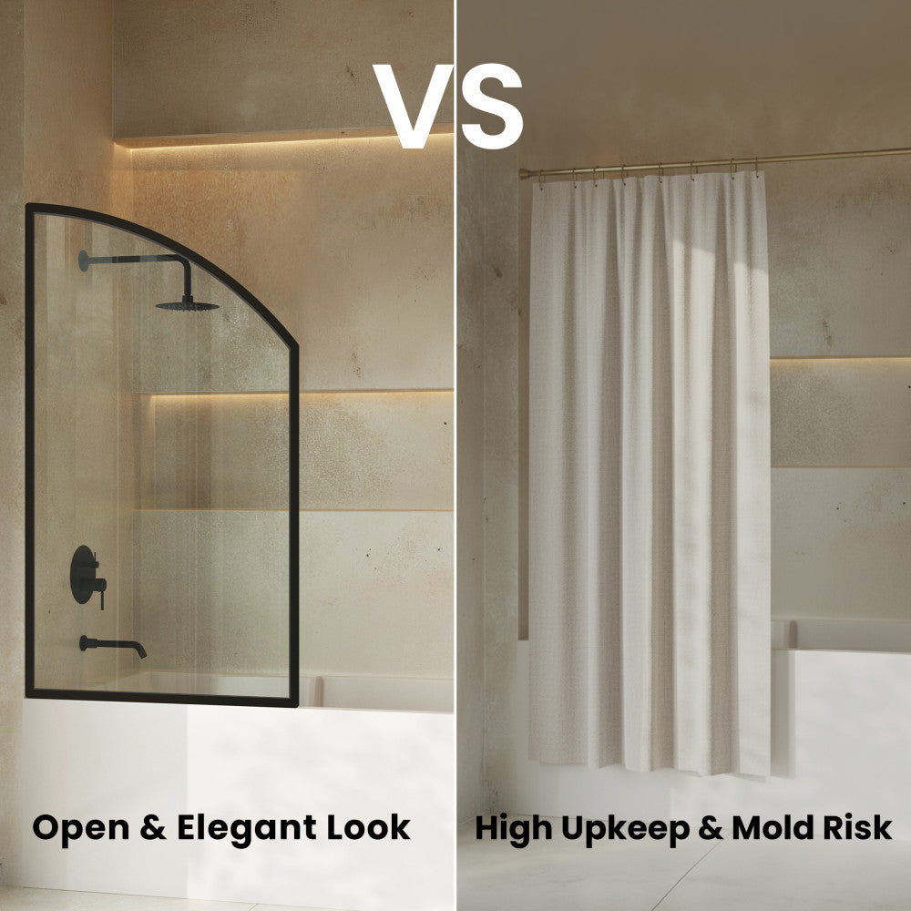 Demi 34 x 58 Framed Fixed 3/8 in. (10mm) Clear Tempered Glass Tub Door with Black Matte Frame
