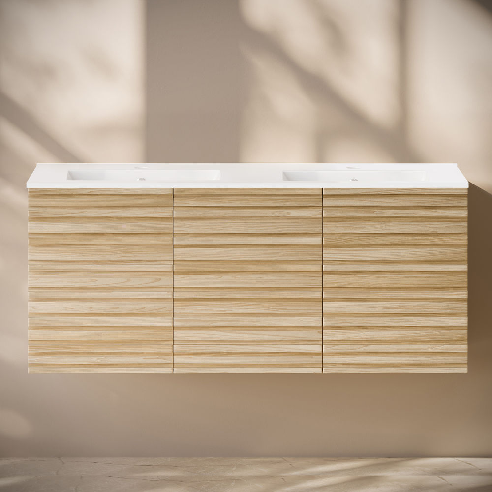 Cascade 48" Wall-Mounted Bathroom Vanity in Natural Oak with Double Basin Sink Top