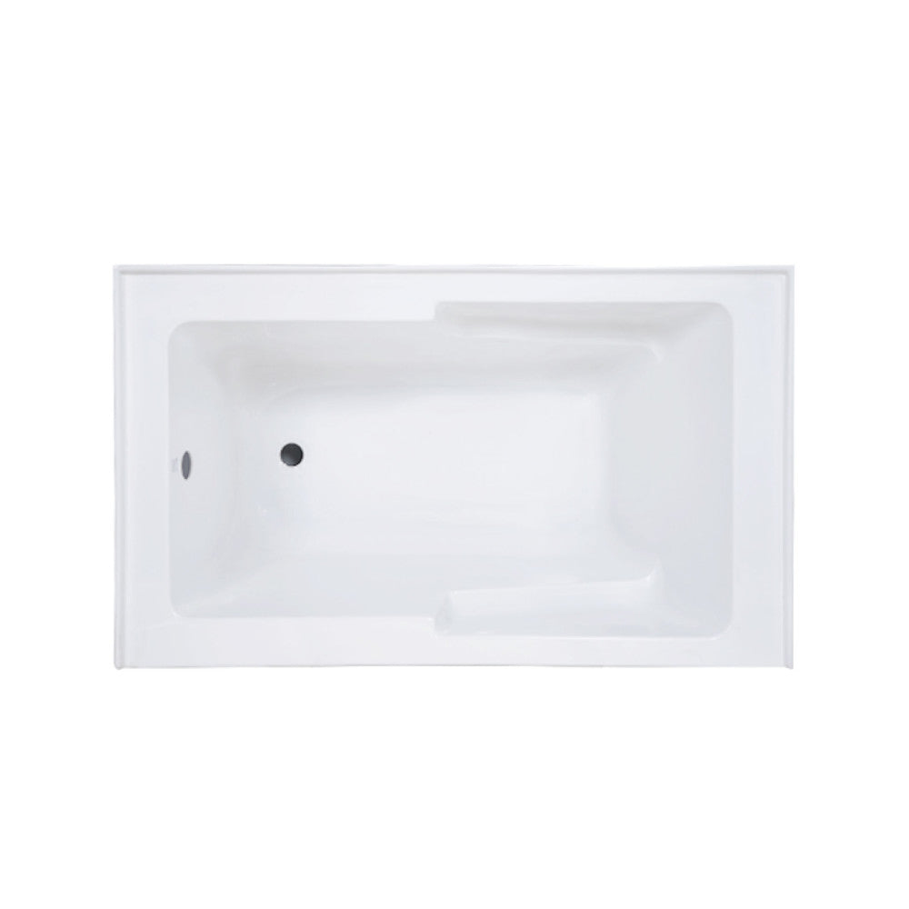 Glossy white alcove skirted soaking bathtub with integrated armrest, left drain, rectangular shape, apron front.