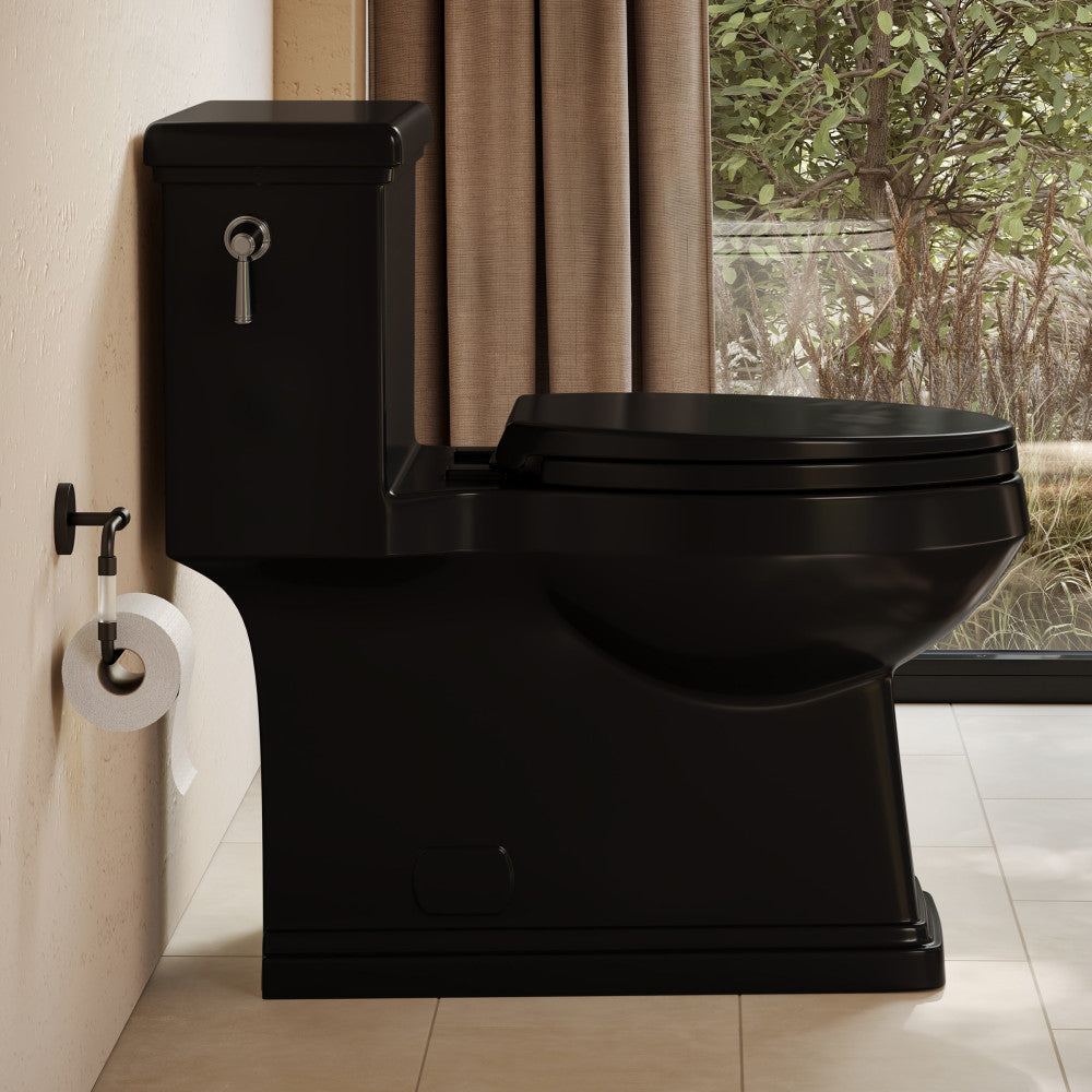 Voltaire II One-Piece 12" Rough-in 1.28 GPF Left-Hand Flush ADA Elongated Toilet in Glossy Black, Nano-Glaze