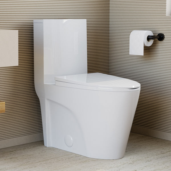 Elongated one-piece white toilet with dual-flush, comfort height, and sleek modern design.