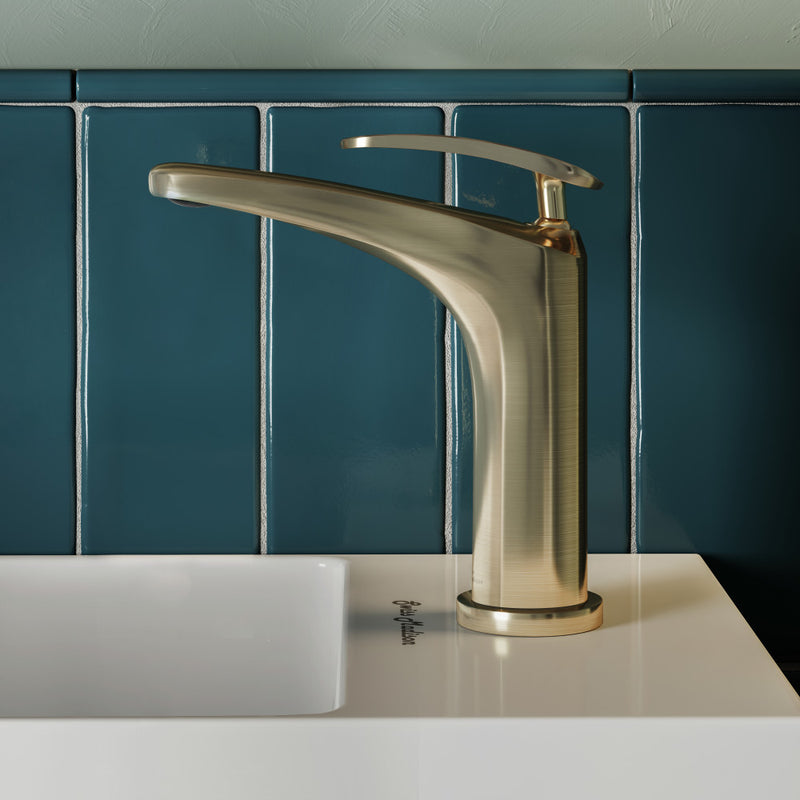 Single-handle bathroom faucet in brushed gold, sleek curved spout design.
