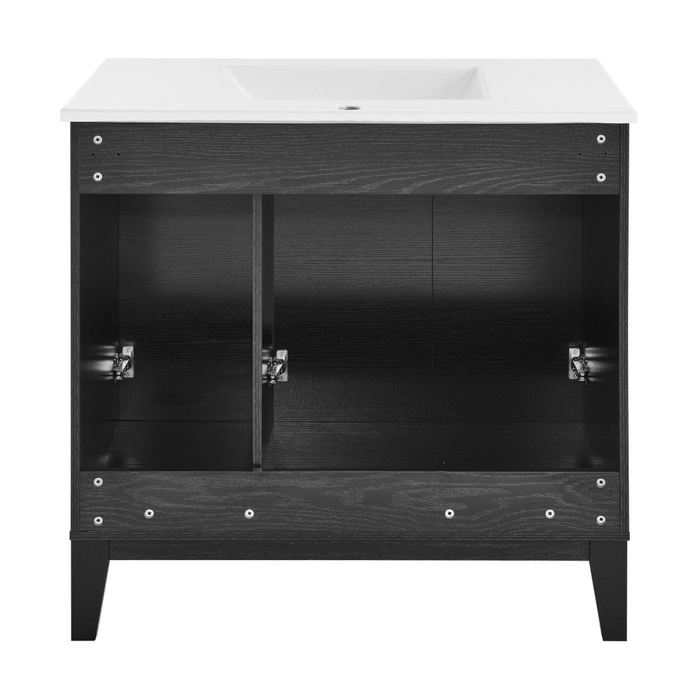 36-inch freestanding black bathroom vanity with single sink, soft-close doors, and open storage space.