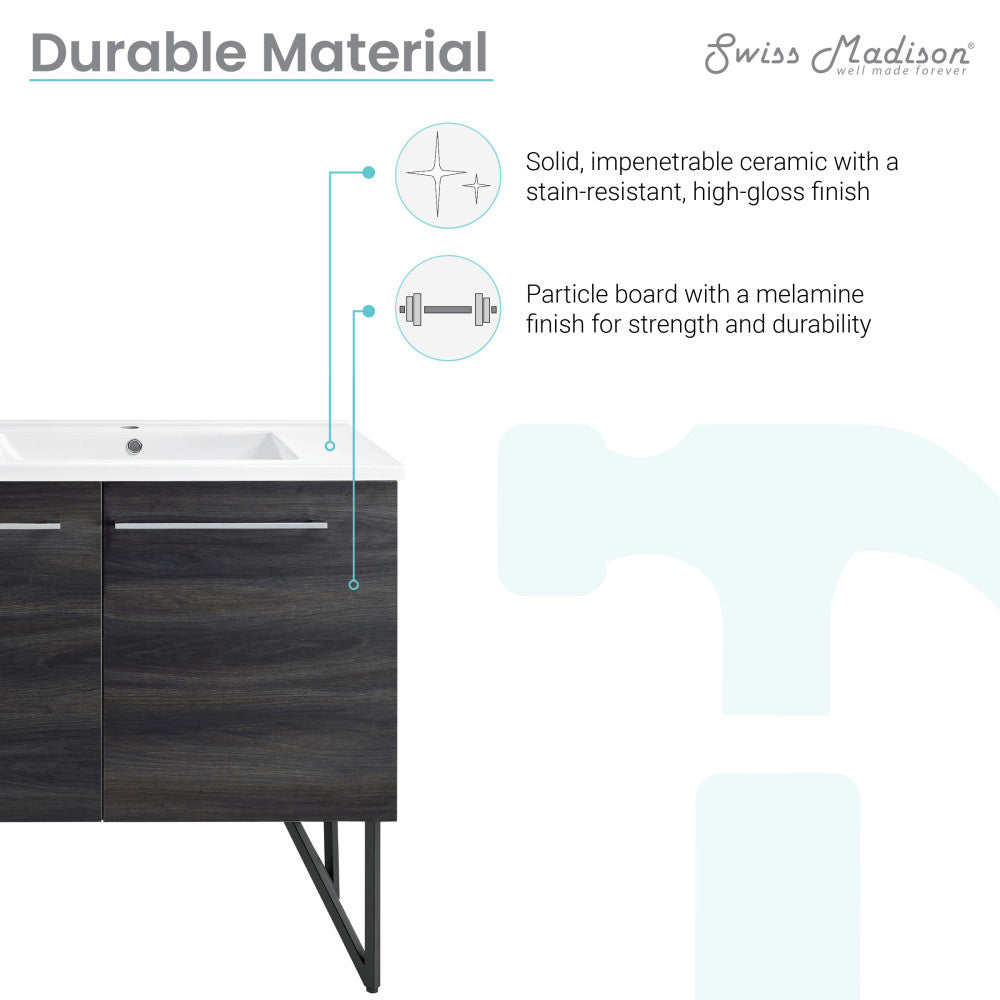 60-inch freestanding bathroom vanity in black walnut with single sink and soft-close doors.