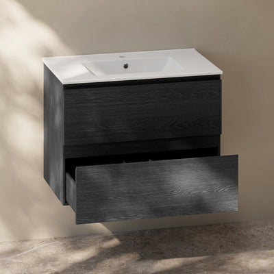 Liberte 30" Wall-Mounted Bathroom Vanity in Black Oak with Sink Top