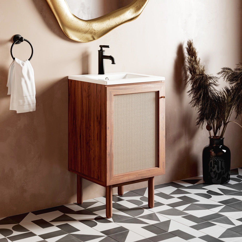 18-inch wooden freestanding vanity with ceramic square sink top and black faucet.