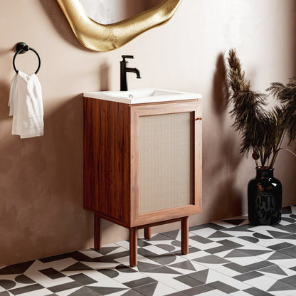 18-inch wooden freestanding vanity with ceramic square sink top and black faucet.