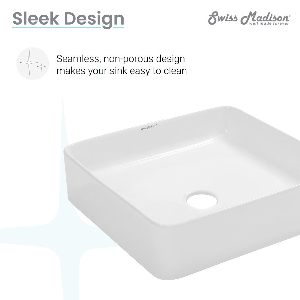 Square white ceramic vessel sink with smooth edges and seamless, non-porous design.