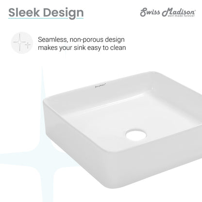 Square white ceramic vessel sink with smooth edges and seamless, non-porous design.