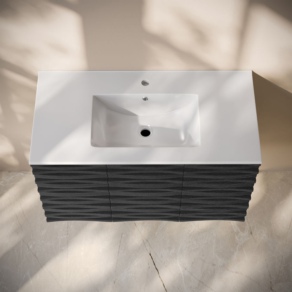 Cascade 36" Wall-Mounted Bathroom Vanity in Black Oak with Sink Top