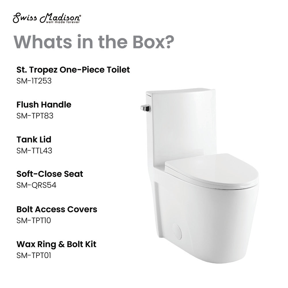 Elongated one-piece white toilet with side flush handle and soft-close seat, compact design.