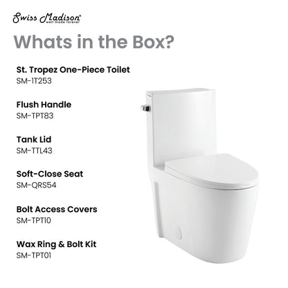 Elongated one-piece white toilet with side flush handle and soft-close seat, compact design.