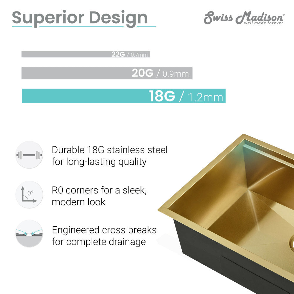 30x19 gold stainless steel undermount kitchen sink with single basin and rounded corners.
