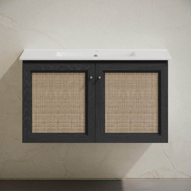 Classe 36" Wall-Mounted Bathroom Vanity in Black Oak with Single Faucet Hole Vanity Top