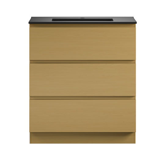 Liberte 30" Freestanding Bathroom Vanity in Natural Oak with Black Sink Top