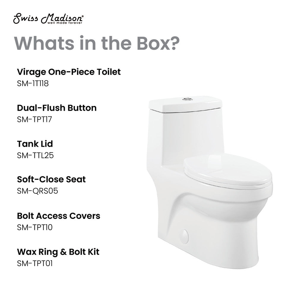 Elongated one-piece toilet with dual-flush button, soft-close seat, and smooth skirted trapway design.