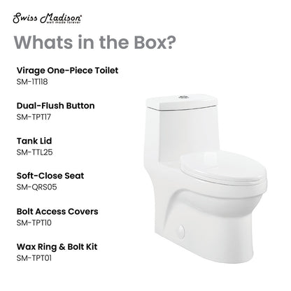 Elongated one-piece toilet with dual-flush button, soft-close seat, and smooth skirted trapway design.