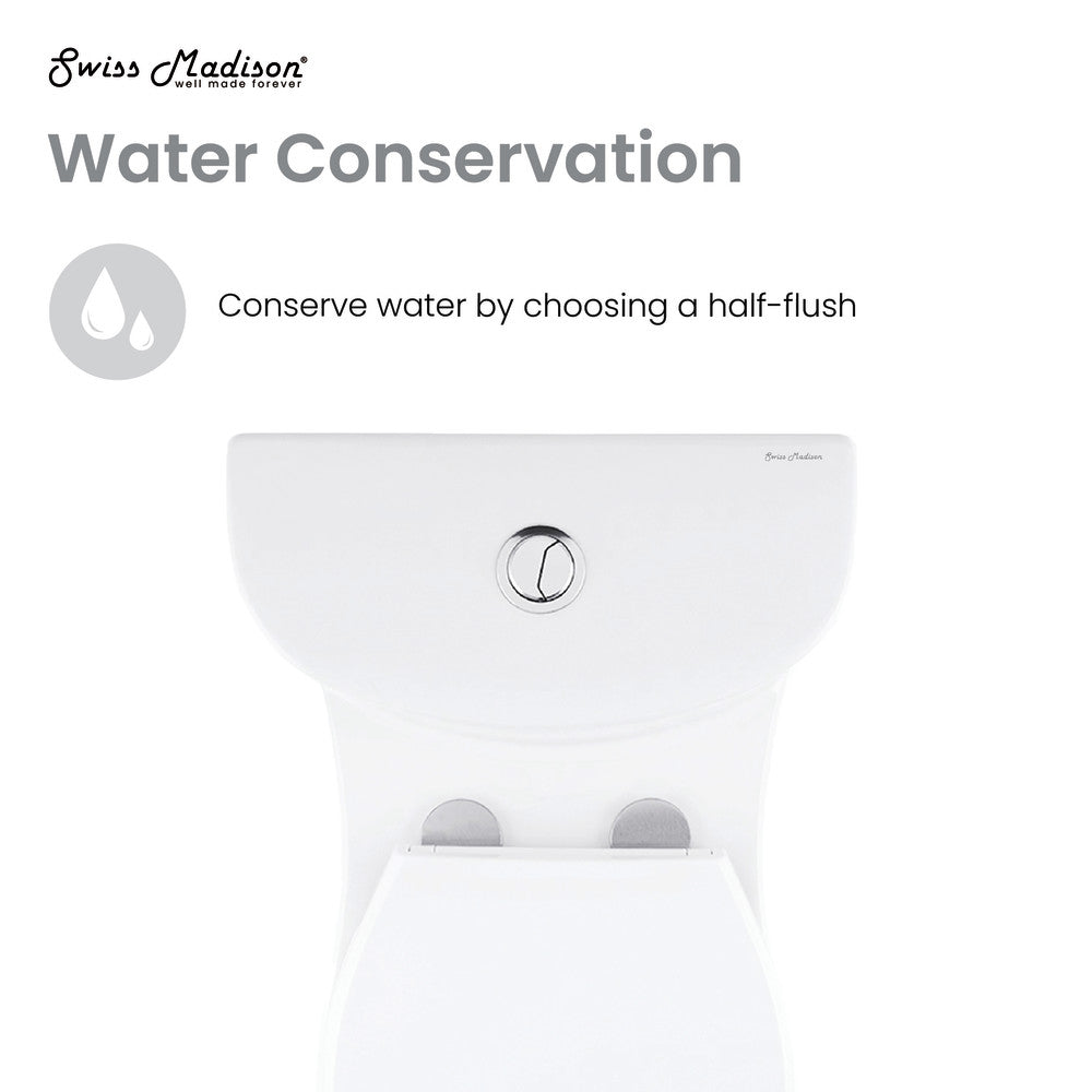 Elongated one-piece toilet, dual-flush, white ceramic with chrome flush buttons.