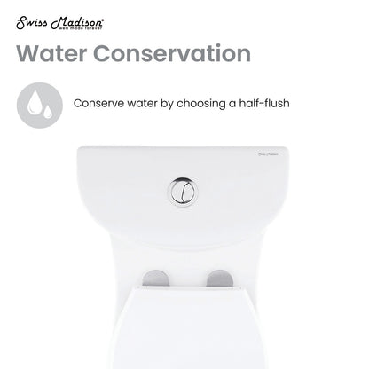Elongated one-piece toilet, dual-flush, white ceramic with chrome flush buttons.