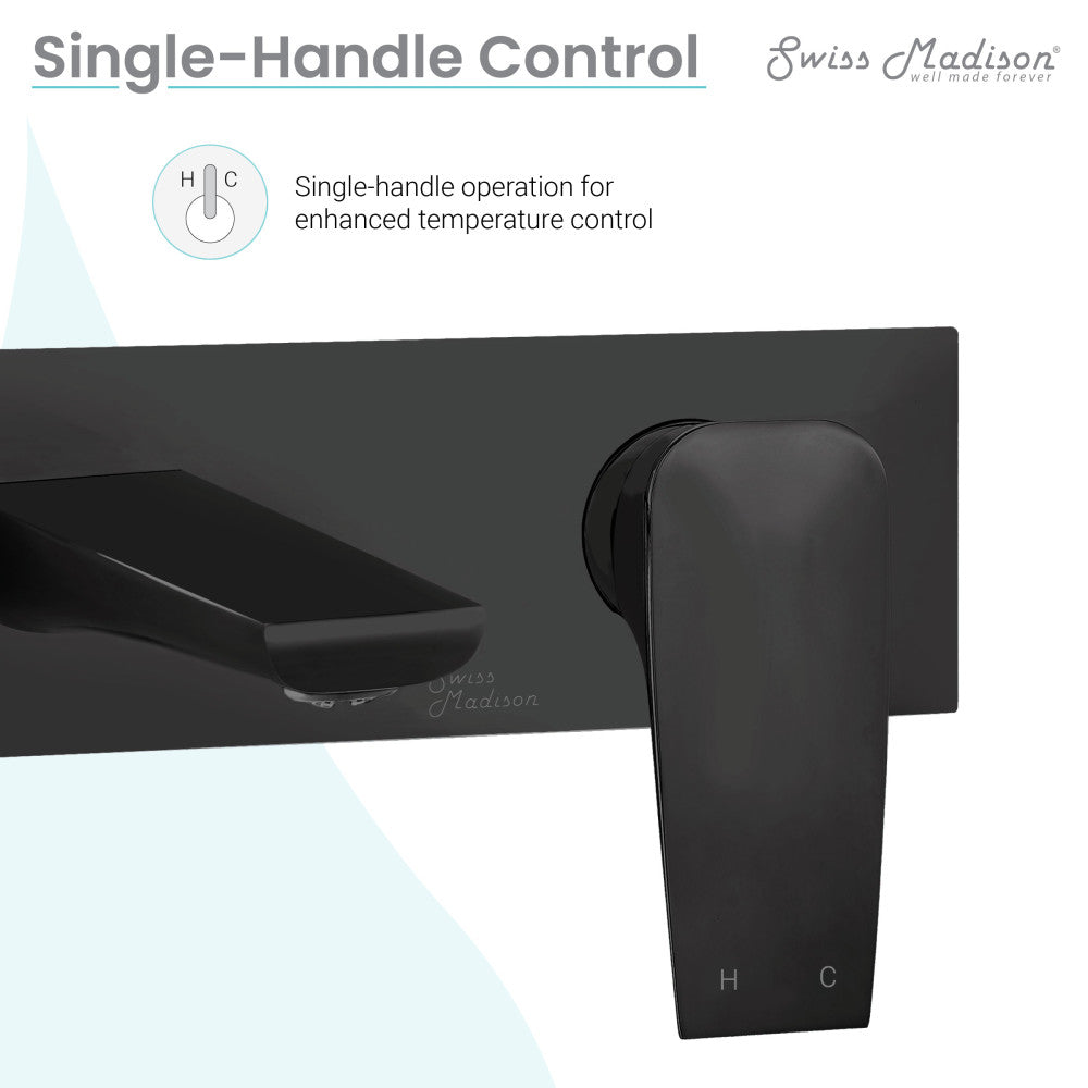 Wall-mount bathroom faucet in matte black, single-handle control, sleek modern design.
