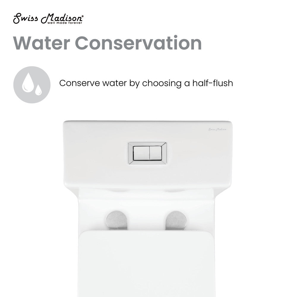 Elongated one-piece square toilet with dual-flush button for water conservation.