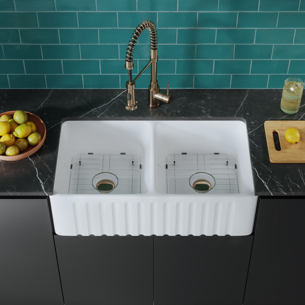 34" double basin ceramic farmhouse kitchen sink in glossy white with apron front.