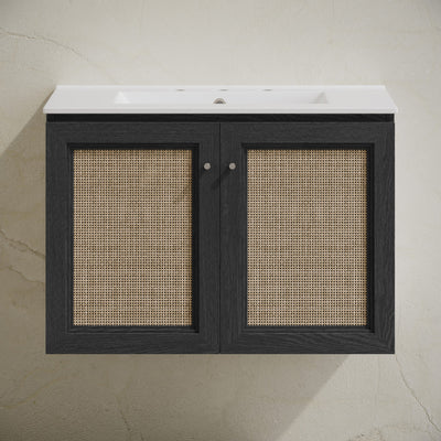 Classe 30" Wall-Mounted Bathroom Vanity in Black Oak with Widespread Faucet Holes Vanity Top