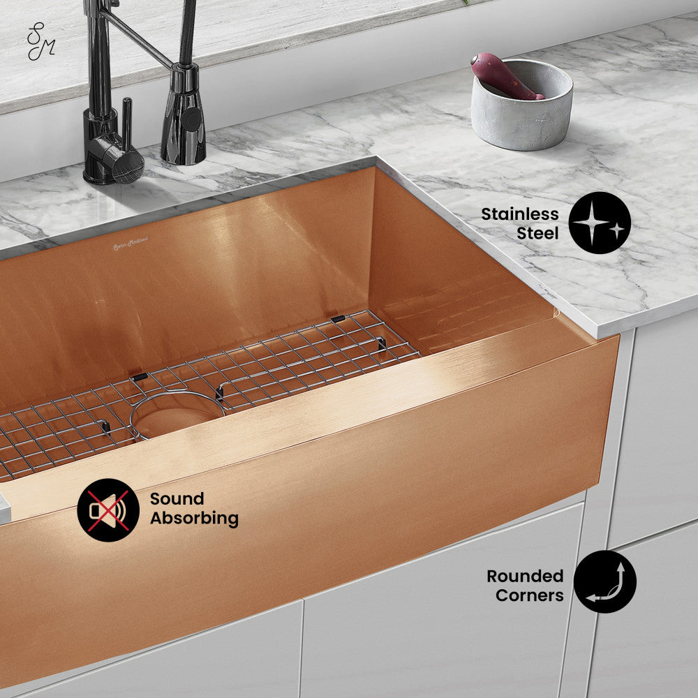 Rivage 30 x 21  Stainless Steel, Single Basin, Farmhouse Kitchen Sink with Apron in Rose Gold