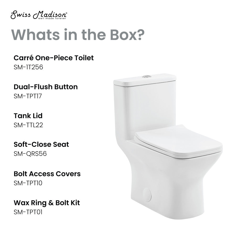 Elongated one-piece square toilet, dual-flush, soft-close seat, white ceramic finish.