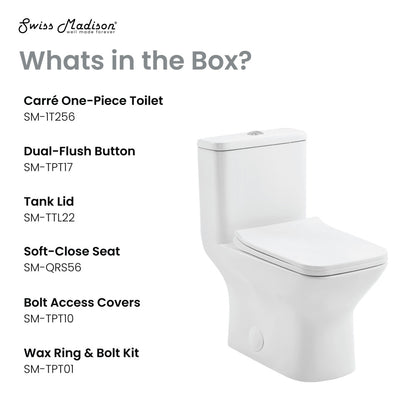 Elongated one-piece square toilet, dual-flush, soft-close seat, white ceramic finish.