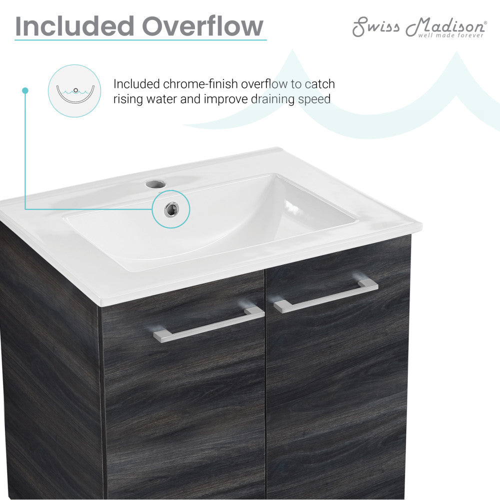 24-inch freestanding bathroom vanity in black walnut with single sink and chrome overflow.