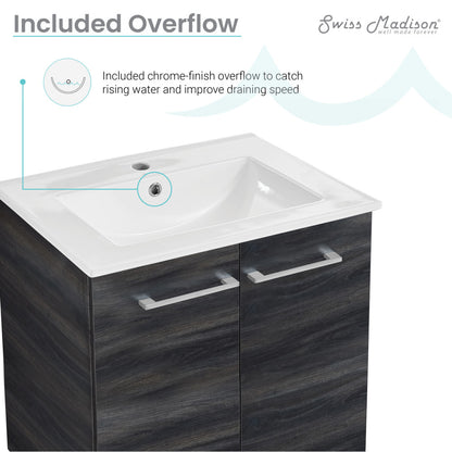 24-inch freestanding bathroom vanity in black walnut with single sink and chrome overflow.