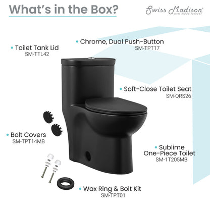 Elongated one-piece toilet in matte black, dual-flush, soft-close seat, skirted trapway design.