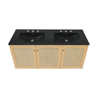 Classe 48" Wall-Mounted Bathroom Vanity in Natural Oak with Black 3-Hole Centerset Double Basin Sink Top